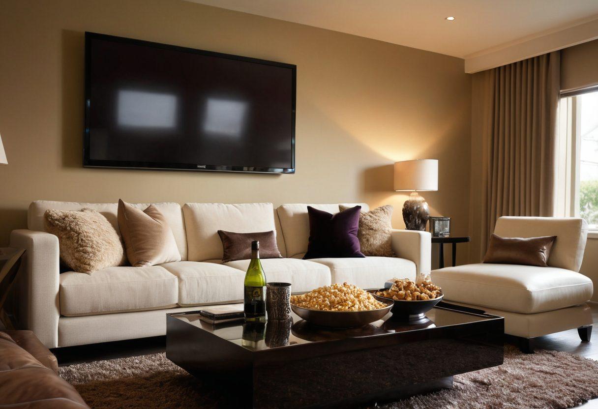 A stylish and inviting living room with a large TV displaying a blurred adult film scene, soft ambient lighting creating a sensual atmosphere, plush cushions scattered around, a bowl of popcorn on a coffee table, and a chic wine glass poised elegantly to the side. The overall feel should evoke comfort and allure. super-realistic. warm tones. soft focus.