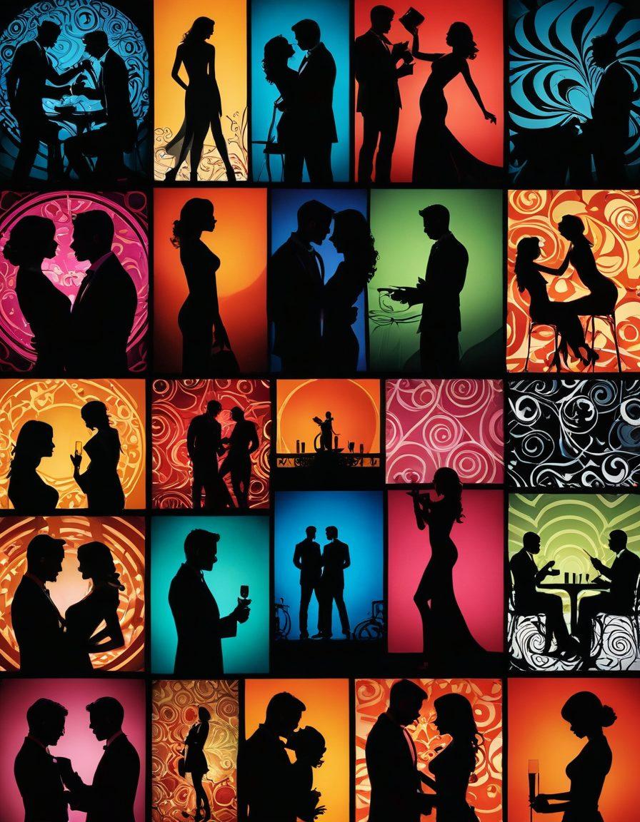 A visually striking collage representing the diverse facets of adult entertainment, featuring silhouettes of couples exploring intimacy, abstract patterns symbolizing passion, and tasteful imagery of film reels. Incorporate vibrant gradients and soft lighting to create an alluring atmosphere, ensuring a hint of elegance. The background should suggest a blend of sophistication and playfulness. super-realistic. vibrant colors. elegant ambiance.