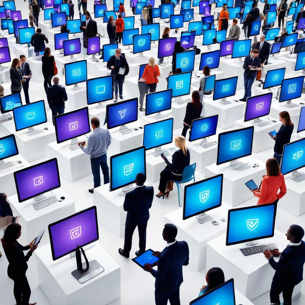 An artistic representation of a diverse group of adults engaging with technology, surrounded by screens displaying vibrant content. The scene contrasts elegance with a hint of playful curiosity, emphasizing the concept of discovery in mature media. Include symbols of safety and quality such as a shield and a magnifying glass. Modern and stylish design with soft lighting. super-realistic. vibrant colors. white background.